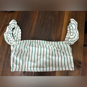 Albion fit green and white striped flutter sleeve bikini top.